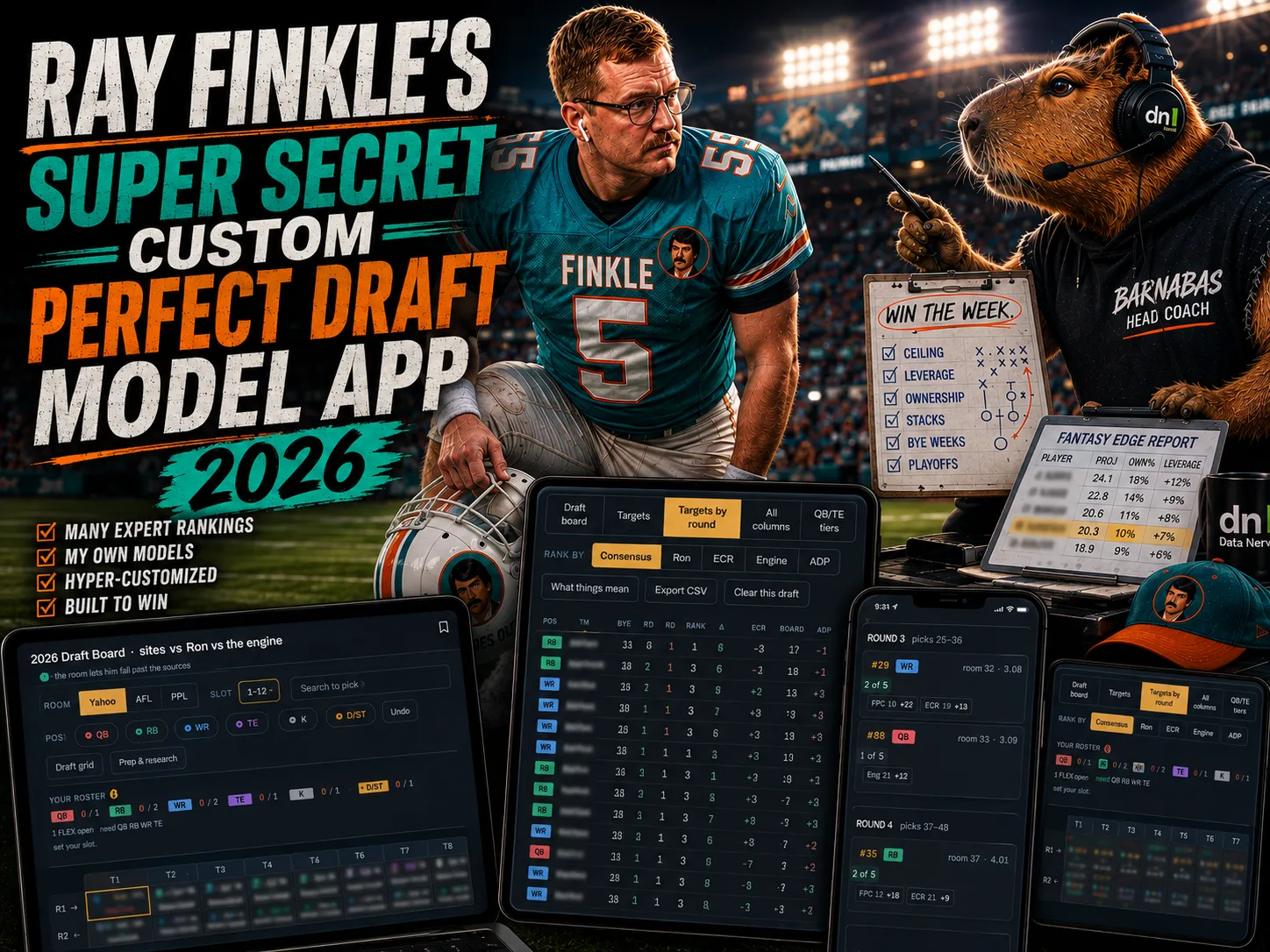 Stadium poster for the 2026 draft board: a kicker in a Dolphins jersey kneels under the lights beside a capybara in a headset marked Barnabas Head Coach, with the board running on four screens across the bottom.